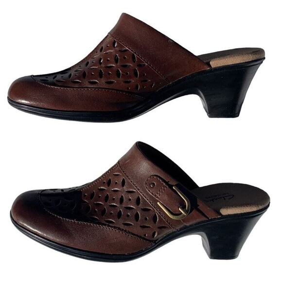 Clarks Shoes - Clarks Brown Leather Mules Cut Out Detail Buckle Accent Slip On Clogs Size 8.5 M